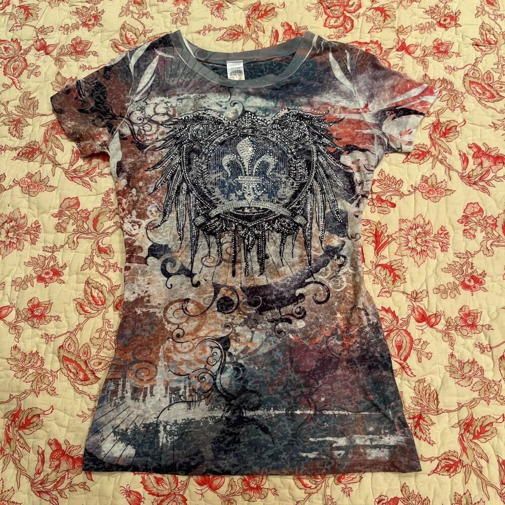 Y2K Ed Hardy Metal Mulisha Jane Margolis AOP blue baby tee!